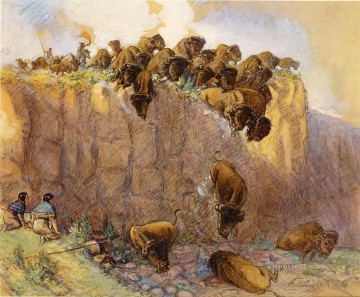vaquero de indiana Painting - Conduciendo búfalos por el acantilado 1914 Charles Marion Russell Indiana cowboy